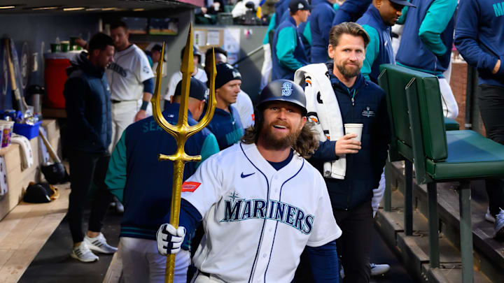 Mar 26, 2026; Seattle, Washington, USA; Seattle Mariners third baseman Brendan Donovan (33) celebrates in the dugout after hitting a home run against the Cleveland Guardians during the first inning at T-Mobile Park. Mandatory Credit: Steven Bisig-Imagn Images Mar 26, 2026; Seattle, Washington, USA; Seattle Mariners third baseman Brendan Donovan (33) celebrates in the dugout after hitting a home run against the Cleveland Guardians during the first inning at T-Mobile Park. Mandatory Credit: Steven Bisig-Imagn Images