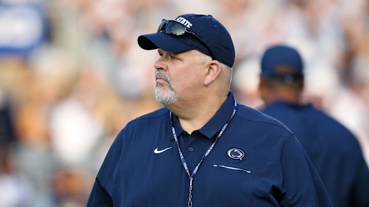 Sep 7, 2019; University Park, PA, USA; Penn State Nittany Lions offensive line coach Matt Limegrover looks on during a warm up practice prior to the game against the Buffalo Bulls at Beaver Stadium. Penn State defeated Buffalo 45-13. Mandatory Credit: Matthew O'Haren-Imagn Images