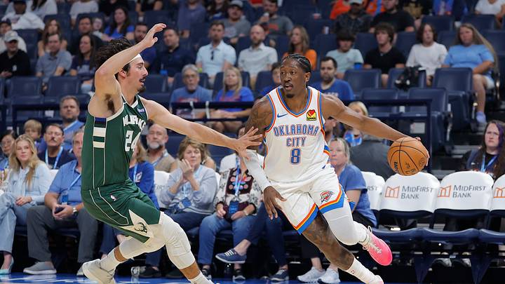 Oct 7, 2026; Oklahoma City, Oklahoma, USA; Oklahoma City Thunder guard Jalen Williams (8) moves the ball around Milwaukee Bucks forward Jaime Jaquez Jr. (24) during the first half of a preseason game at Paycom Center. Mandatory Credit: Alonzo Adams-Imagn Images Oct 7, 2026; Oklahoma City, Oklahoma, USA; Oklahoma City Thunder guard Jalen Williams (8) moves the ball around Milwaukee Bucks forward Jaime Jaquez Jr. (24) during the first half of a preseason game at Paycom Center. Mandatory Credit: Alonzo Adams-Imagn Images