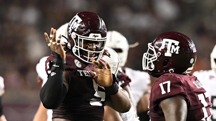 Sep 21, 2024; College Station, Texas, USA; Texas A&M Aggies defensive lineman Shemar Turner (5) celebrates after sacking Bowling Green Falcons quarterback Baron May, not pictured, during the third quarter at Kyle Field. Mandatory Credit: Maria Lysaker-Imagn Images. 