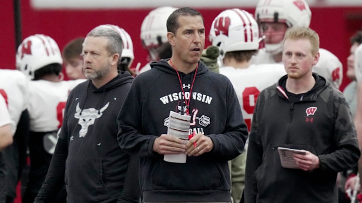 Wisconsin head football coach Luke Fickell is shown during spring football practice Thursday, April 3, 2025 in Madison, Wisconsin. Mark Hoffman/Milwaukee Journal Sentinel