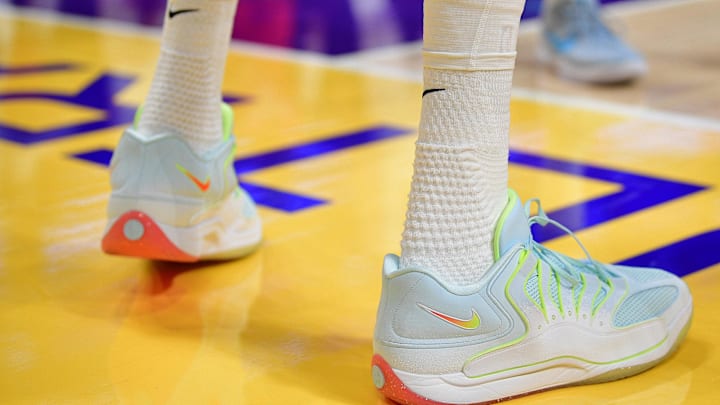 Dec 25, 2025; Los Angeles, California, USA; The shoes of Houston Rockets forward Kevin Durant (7) pictured at Crypto.com Arena. Mandatory Credit: Gary A. Vasquez-Imagn Images Dec 25, 2025; Los Angeles, California, USA; The shoes of Houston Rockets forward Kevin Durant (7) pictured at Crypto.com Arena. Mandatory Credit: Gary A. Vasquez-Imagn Images