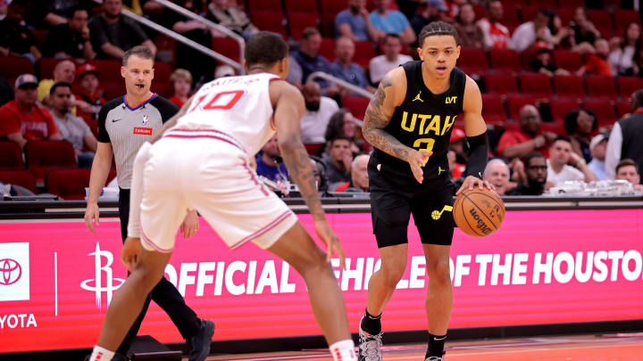 Mar 23, 2024; Houston, Texas, USA; Utah Jazz guard Keyonte George (3) handles the ball against