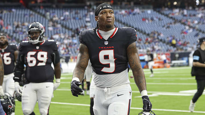 Aug 17, 2024; Houston, Texas, USA; Houston Texans tight end Brevin Jordan (9) before the game against the New York Giants at NRG Stadium. Mandatory Credit: Troy Taormina-Imagn Images