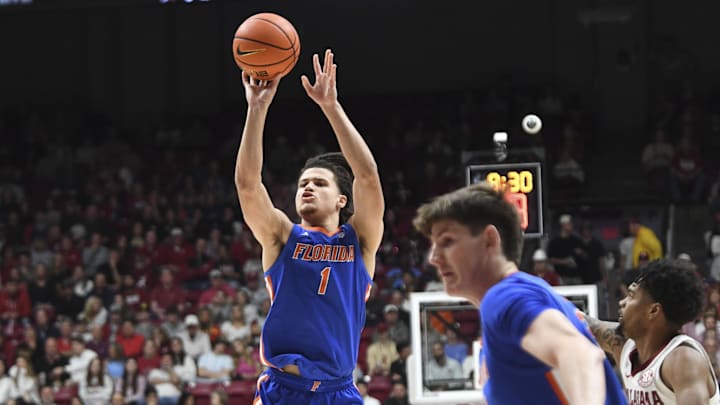 Feb 21, 2024; Tuscaloosa, Alabama, USA;  Florida Gators guard Walter Clayton Jr. (1) takes a three