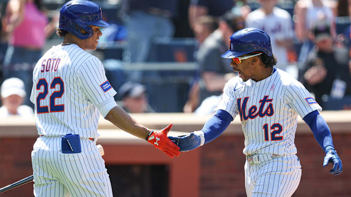 May 11, 2025; New York City, New York, USA; New York Mets shortstop Francisco Lindor (12) celebrates with right fielder Juan Soto (22) after hitting a solo home run during the eighth inning against the Chicago Cubs at Citi Field. Mandatory Credit: Vincent Carchietta-Imagn Images May 11, 2025; New York City, New York, USA; New York Mets shortstop Francisco Lindor (12) celebrates with right fielder Juan Soto (22) after hitting a solo home run during the eighth inning against the Chicago Cubs at Citi Field. Mandatory Credit: Vincent Carchietta-Imagn Images