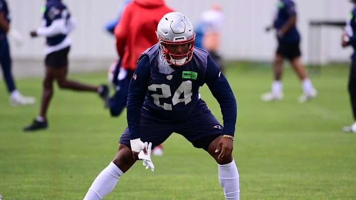 Jun 12, 2024; Foxborough, MA, USA;  New England Patriots safety Joshuah Bledsoe (24) works out at minicamp at Gillette Stadium.  Mandatory Credit: Eric Canha-Imagn Images