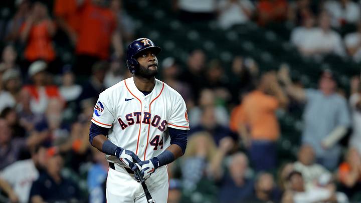 Sep 17, 2026; Houston, Texas, USA;  Houston Astros designated hitter Yordan Alvarez (44) hits a home run to right field against the Kansas City Royals during the fifth inning at Daikin Park.  Mandatory Credit: Erik Williams-Imagn Images