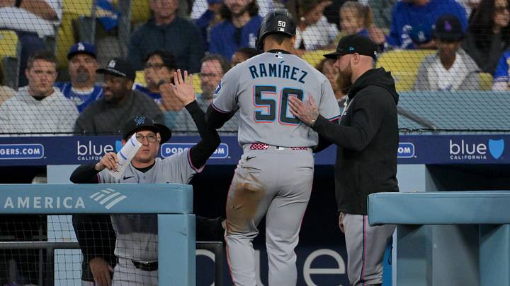 Miami Marlins designated hitter Agustin Ramirez celebrates after scoring a run Miami Marlins designated hitter Agustin Ramirez celebrates after scoring a run