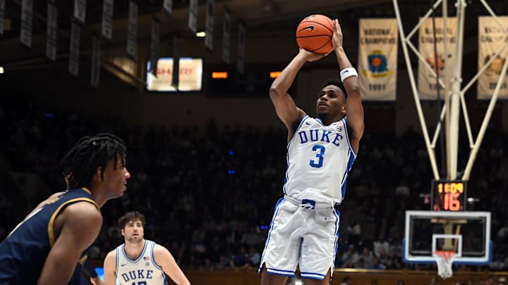Feb 7, 2024; Durham, North Carolina, USA;  Duke Blue Devils guard Jeremy Roach (3) shoots during the