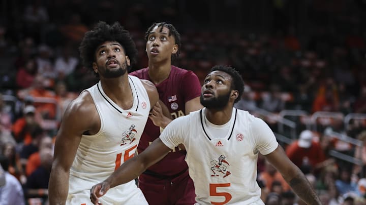 Jan 17, 2024; Coral Gables, Florida, USA; Miami Hurricanes guard Wooga Poplar (5) and forward