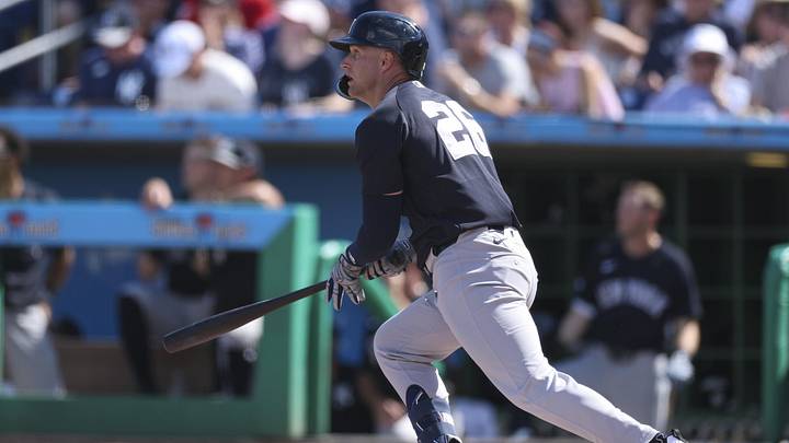 Mar 1, 2026; Clearwater, Florida, USA; New York Yankees right fielder Seth Brown (26) hits an rbi single against the New York Yankees in the fifth inning during spring training at BayCare Ballpark. Mandatory Credit: Nathan Ray Seebeck-Imagn Images Mar 1, 2026; Clearwater, Florida, USA; New York Yankees right fielder Seth Brown (26) hits an rbi single against the New York Yankees in the fifth inning during spring training at BayCare Ballpark. Mandatory Credit: Nathan Ray Seebeck-Imagn Images