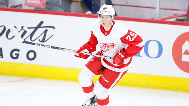 Detroit Red Wings forward Nate Danielson (29) warms up before a preseason game.