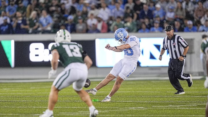 Sep 6, 2025; Charlotte, North Carolina, USA; North Carolina Tar Heels place kicker Rece Verhoff (90) kicks off against the Charlotte 49ers during the first quarter at Jerry Richardson Stadium. Mandatory Credit: Jim Dedmon-Imagn Images Sep 6, 2025; Charlotte, North Carolina, USA; North Carolina Tar Heels place kicker Rece Verhoff (90) kicks off against the Charlotte 49ers during the first quarter at Jerry Richardson Stadium. Mandatory Credit: Jim Dedmon-Imagn Images