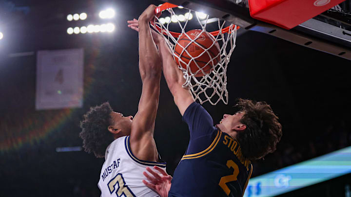 Feb 15, 2025; Atlanta, Georgia, USA; Georgia Tech Yellow Jackets guard Jaeden Mustaf (3) dunks over California Golden Bears guard Andrej Stojakovic (2) in the second half at McCamish Pavilion. Mandatory Credit: Brett Davis-Imagn Images Feb 15, 2025; Atlanta, Georgia, USA; Georgia Tech Yellow Jackets guard Jaeden Mustaf (3) dunks over California Golden Bears guard Andrej Stojakovic (2) in the second half at McCamish Pavilion. Mandatory Credit: Brett Davis-Imagn Images