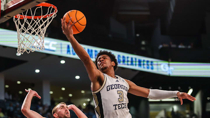 Mar 4, 2026; Atlanta, Georgia, USA; Georgia Tech Yellow Jackets guard Jaeden Mustaf (3) shoots the ball against California Golden Bears forward John Camden (2) during the second half at McCamish Pavilion. Mandatory Credit: Jordan Godfree-Imagn Images