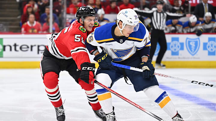 Sep 28, 2023; Chicago, Illinois, USA; Chicago Blackhawks defenseman Kevin Korchinski (55) defends against St. Louis Blues forward Zachary Bolduc (76) in the second period at United Center. Mandatory Credit: Jamie Sabau-Imagn Images Sep 28, 2023; Chicago, Illinois, USA; Chicago Blackhawks defenseman Kevin Korchinski (55) defends against St. Louis Blues forward Zachary Bolduc (76) in the second period at United Center. Mandatory Credit: Jamie Sabau-Imagn Images