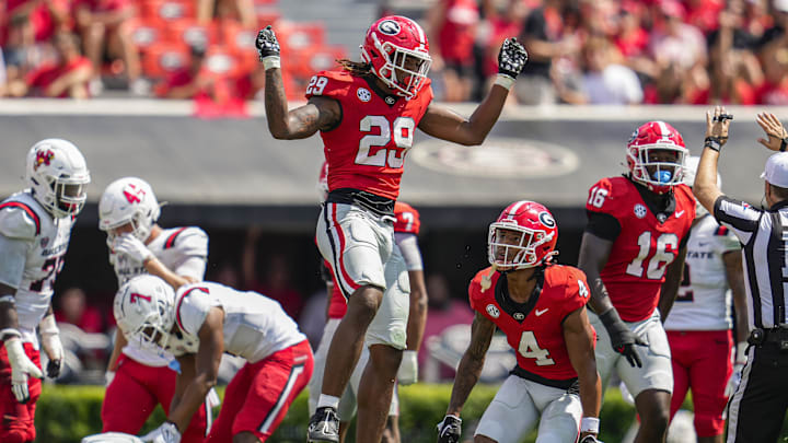 Sep 9, 2023; Athens, Georgia, USA; Georgia Bulldogs linebacker Gabe Harris (29) reacts after making a tackle against the Ball State Cardinals during the second half at Sanford Stadium. Mandatory Credit: Dale Zanine-Imagn Images