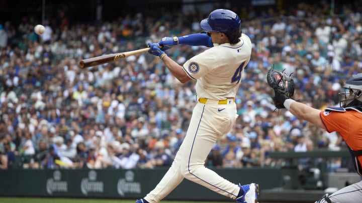 Seattle Mariners third baseman Josh Rojas (4) hits a double against the Houston Astros during the second inning at T-Mobile Park on June 21. Seattle Mariners third baseman Josh Rojas (4) hits a double against the Houston Astros during the second inning at T-Mobile Park on June 21.