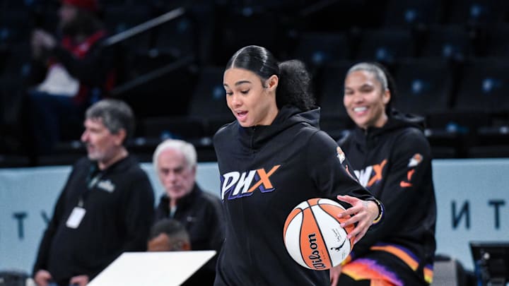 Jun 19, 2025; Brooklyn, New York, USA; Phoenix Mercury forward Satou Sabally (0) warms up before a game against the New York Liberty at Barclays Center. Mandatory Credit: John Jones-Imagn Images