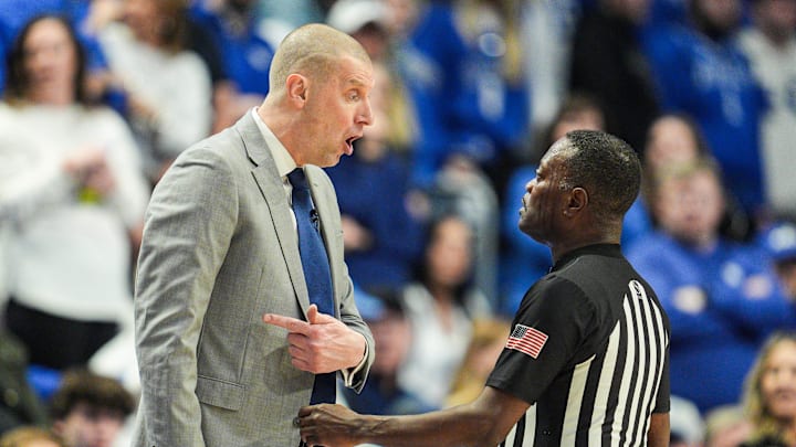 Kentucky head coach Mark Pope questioned a referee during the game against Auburn in SEC basketball at Rupp Arena Saturday afternoon in Lexington, Kentucky March 1, 2025 Kentucky head coach Mark Pope questioned a referee during the game against Auburn in SEC basketball at Rupp Arena Saturday afternoon in Lexington, Kentucky March 1, 2025