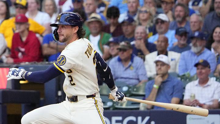 May 27, 2026; Milwaukee, Wisconsin, USA; Milwaukee Brewers second baseman Brice Turang (2) gets a hit against the St. Louis Cardinals in the eighth inning at American Family Field. Mandatory Credit: Michael McLoone-Imagn Images May 27, 2026; Milwaukee, Wisconsin, USA; Milwaukee Brewers second baseman Brice Turang (2) gets a hit against the St. Louis Cardinals in the eighth inning at American Family Field. Mandatory Credit: Michael McLoone-Imagn Images