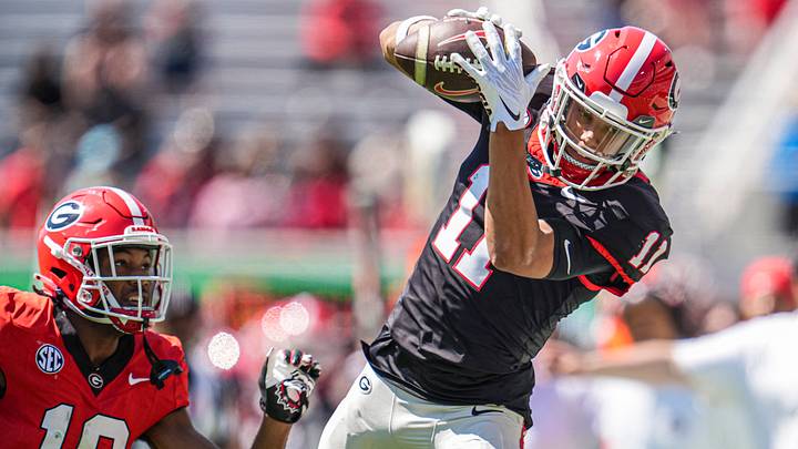 Apr 12, 2025; Athens, GA, USA; Georgia Bulldogs wide receiver Talyn Taylor (11) tries to make a catch behind defensive back Jontae Gilbert (18) during the Georgia Spring game at Sanford Stadium. Mandatory Credit: Dale Zanine-Imagn Images