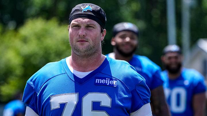 Detroit Lions tackle Blake Miller (76) walks off the field after practice.
