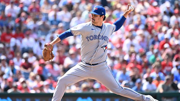Aug 9, 2026; Philadelphia, Pennsylvania, USA; Toronto Blue Jays pitcher Brendon Little (54) throws a pitch against the Philadelphia Phillies during the sixth inning at Citizens Bank Park. Mandatory Credit: Eric Hartline-Imagn Images