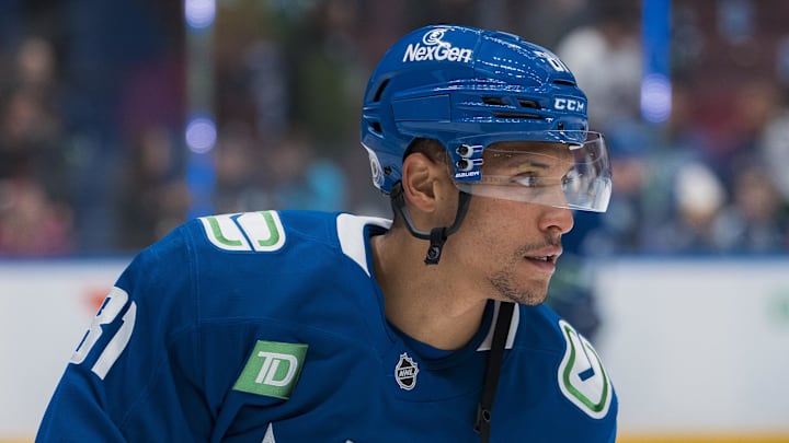 Mar 18, 2025; Vancouver, British Columbia, CAN; Vancouver Canucks forward Dakota Joshua (81) skates during warm-up before a game against the Winnipeg Jets at Rogers Arena.  Mandatory Credit: Bob Frid-Imagn Images
