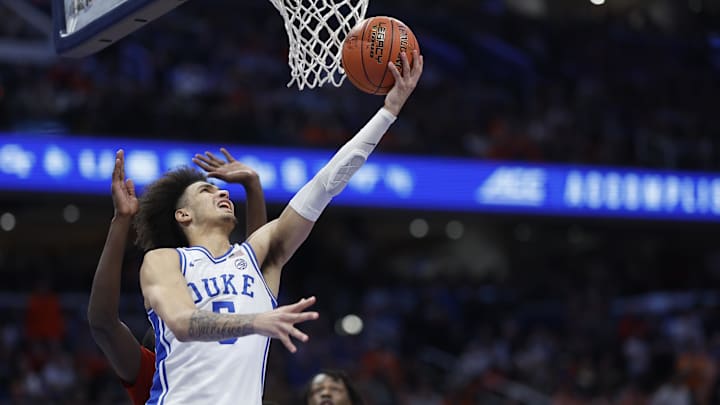 Mar 14, 2024; Washington, D.C., USA; Duke Blue Devils guard Tyrese Proctor (5) shoots the ball as