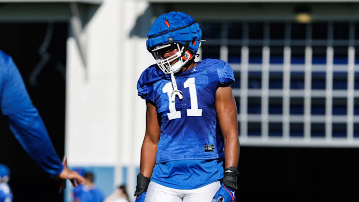 Florida Gators edge LJ McCray (11) looks on during spring football practice at Heavener Football Complex at the University of Florida in Gainesville, FL on Tuesday, March 11, 2025. [Matt Pendleton/Gainesville Sun]
