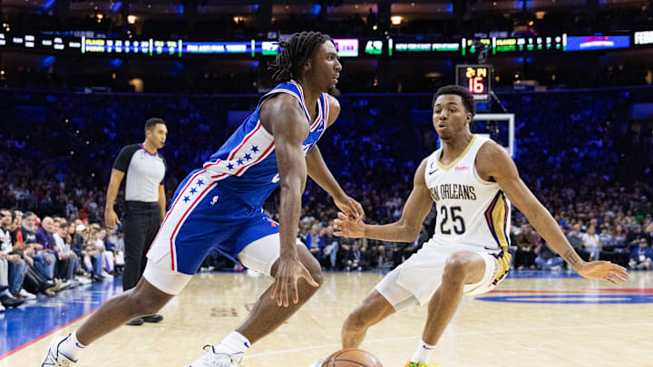 Jan 2, 2023; Philadelphia, Pennsylvania, USA; Philadelphia 76ers guard Tyrese Maxey (0) drives against New Orleans Pelicans guard Trey Murphy III (25) during the second quarter at Wells Fargo Center. Mandatory Credit: Bill Streicher-Imagn Images