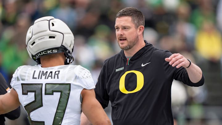 Oregon coach Dan Lanning greets Fighting Ducks running back Jayden Limar before the game as the Fighting Ducks face off against Mighty Oregon in the Oregon Ducks spring game on April 26, 2025, at Autzen Stadium in Eugene. Oregon coach Dan Lanning greets Fighting Ducks running back Jayden Limar before the game as the Fighting Ducks face off against Mighty Oregon in the Oregon Ducks spring game on April 26, 2025, at Autzen Stadium in Eugene.