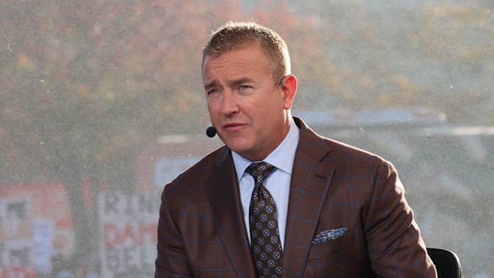 Analyst Kirk Herbstreit speaks during the ESPN College GameDay live broadcast on the Texas Tech University campus on Nov. 8, 2025 in Lubbock, Texas.