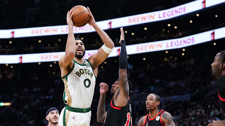 Nov 28, 2023; Boston, Massachusetts, USA; Boston Celtics forward Jayson Tatum (0) shoots against Chicago Bulls forward Torrey Craig (13) in the first quarter at TD Garden. Mandatory Credit: David Butler II-Imagn Images Nov 28, 2023; Boston, Massachusetts, USA; Boston Celtics forward Jayson Tatum (0) shoots against Chicago Bulls forward Torrey Craig (13) in the first quarter at TD Garden. Mandatory Credit: David Butler II-Imagn Images