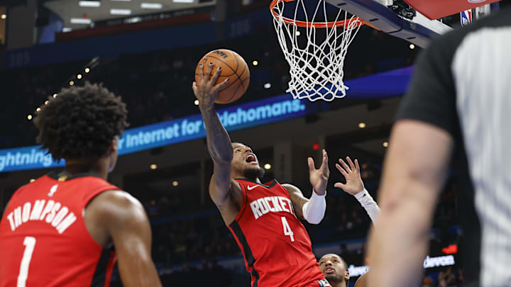 Oct 9, 2024; Oklahoma City, Oklahoma, USA; Houston Rockets guard Jalen Green (4) goes to the basket against the Oklahoma City Thunder during the second half at Paycom Center. Mandatory Credit: Alonzo Adams-Imagn Images Oct 9, 2024; Oklahoma City, Oklahoma, USA; Houston Rockets guard Jalen Green (4) goes to the basket against the Oklahoma City Thunder during the second half at Paycom Center. Mandatory Credit: Alonzo Adams-Imagn Images