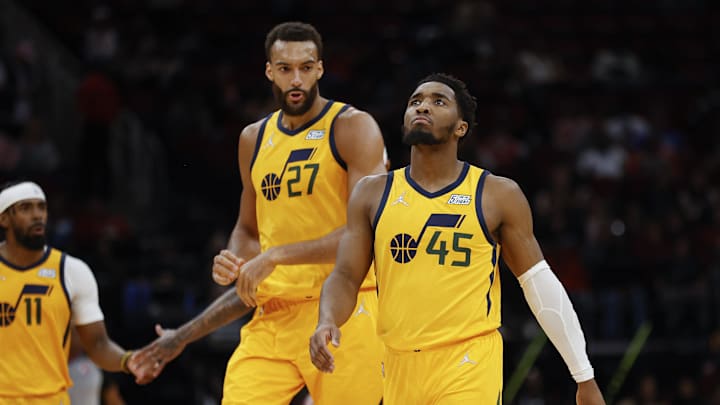 Rudy Gobert and Donovan Mitchell during the Jazz's 132–127 overtime win over the Rockets on March 2, 2022.