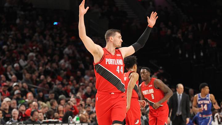 Dec 10, 2019; Portland, OR, USA; Portland Trail Blazers forward Mario Hezonja (44) reacts after scoring in the second half against the New York Knicks at Moda Center. Mandatory Credit: Jaime Valdez-USA TODAY Sports Dec 10, 2019; Portland, OR, USA; Portland Trail Blazers forward Mario Hezonja (44) reacts after scoring in the second half against the New York Knicks at Moda Center. Mandatory Credit: Jaime Valdez-USA TODAY Sports