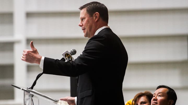 New Missouri athletic director Laird Veatch gives an introduction speech while UM Board of Curators Chair Robin Wenneker UM System President Mun Choi watch at Stephens Indoor Facility on April 26, 2024 in Columbia, Mo.