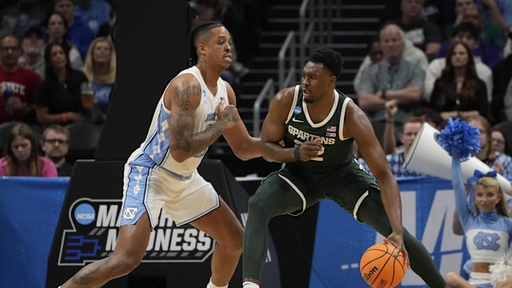 March 23, 2024, Charlotte, NC, USA; Michigan State Spartans center Mady Sissoko (22) is defended by