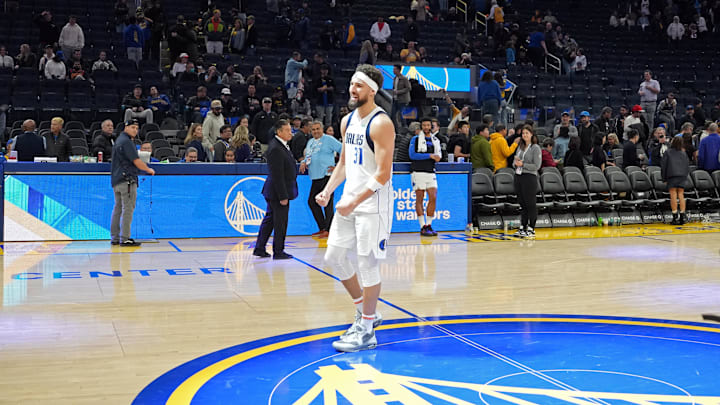 Dec 15, 2024; San Francisco, California, USA; Dallas Mavericks guard Klay Thompson (31) stands at half court after defeating the Golden State Warriors at Chase Center. Mandatory Credit: Darren Yamashita-Imagn Images