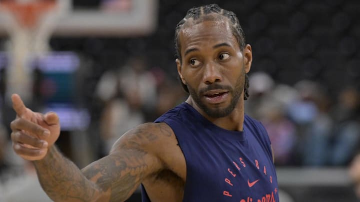 Mar 21, 2025; Inglewood, California, USA;  Los Angeles Clippers forward Kawhi Leonard (2) warms up prior to the game against the Memphis Grizzlies at Intuit Dome. Mandatory Credit: Jayne Kamin-Oncea-Imagn Images