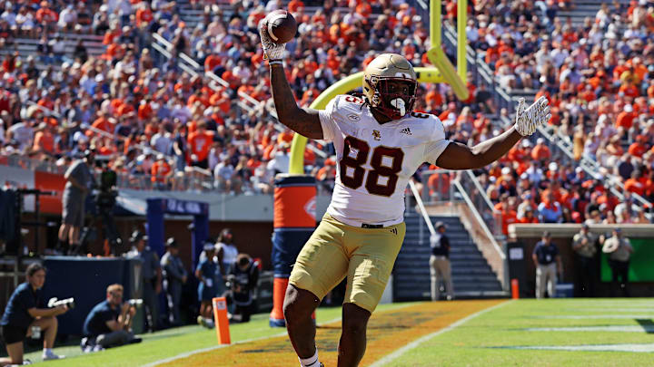 Oct 5, 2024; Charlottesville, Virginia, USA; Boston College Eagles tight end Kamari Morales (88) celebrates after scoring a touchdown during the second quarter against the Virginia Cavaliers at Scott Stadium. Mandatory Credit: Peter Casey-Imagn Images