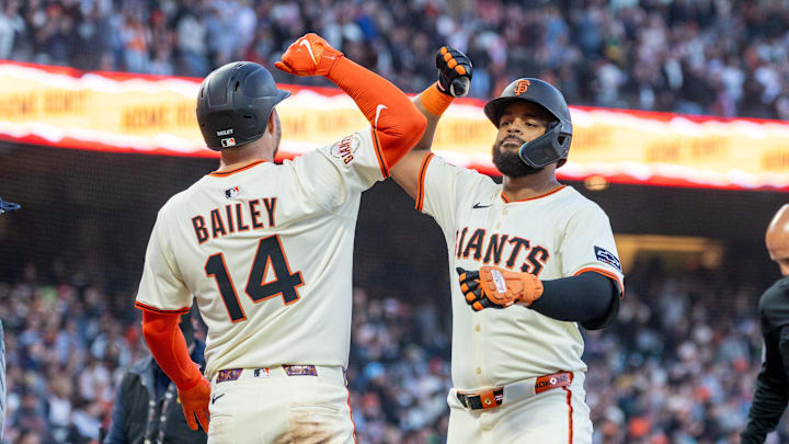 Jun 18, 2025; San Francisco, California, USA; San Francisco Giants outfielder Heliot Ramos (17) celebrates at home after hitting a 2-run home run during the fifth inning against the Cleveland Guardians at Oracle Park. Jun 18, 2025; San Francisco, California, USA; San Francisco Giants outfielder Heliot Ramos (17) celebrates at home after hitting a 2-run home run during the fifth inning against the Cleveland Guardians at Oracle Park.