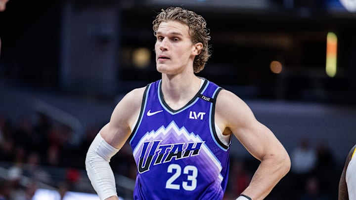 Feb 3, 2026; Indianapolis, Indiana, USA; sUtah Jazz forward/center Lauri Markkanen (23) in the first half against the Indiana Pacers at Gainbridge Fieldhouse. Mandatory Credit: Trevor Ruszkowski-Imagn Images