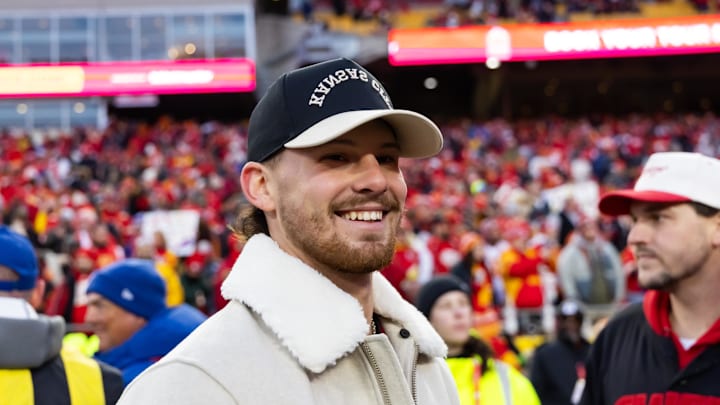 Jan 26, 2025; Kansas City, MO, USA; Kansa City Royals player Bobby Witt Jr. in attendance of the Kansas City Chiefs game against the Buffalo Bills in the AFC Championship game at GEHA Field at Arrowhead Stadium. Mandatory Credit: Mark J. Rebilas-Imagn Images