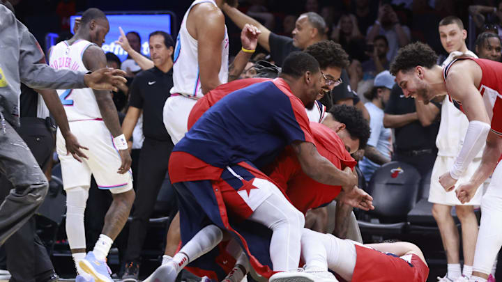 Apr 13, 2025; Miami, Florida, USA; The Washington Wizards celebrate their win against the Miami Heat at Kaseya Center. Mandatory Credit: Rhona Wise-Imagn Images