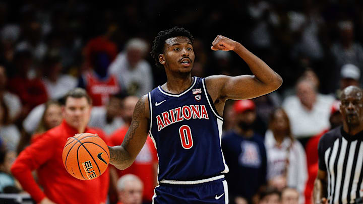 Feb 10, 2024; Boulder, Colorado, USA; Arizona Wildcats guard Jaden Bradley (0) in the second half