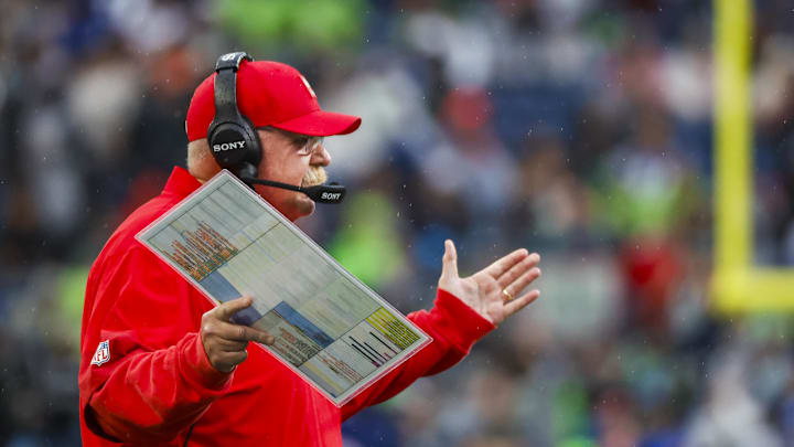 Aug 15, 2025; Seattle, Washington, USA; Kansas City Chiefs head coach Andy Reid reacts to a fourth down stop by the Seattle Seahawks during the first quarter at Lumen Field. Mandatory Credit: Joe Nicholson-Imagn Images